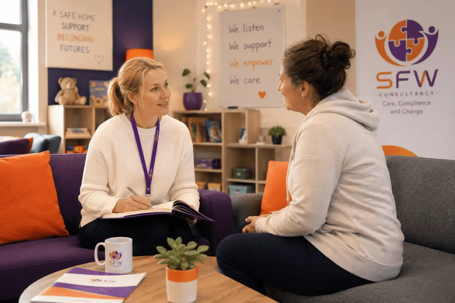 SFW consultant meeting with a parent in a warm, welcoming childrens home setting